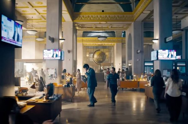 Superman's alter ego, Clark Kent, center left, walks through the Daily Planet newsroom, which is actually the first floor of Macon's Terminal Station. The blockbuster movie opens in July.